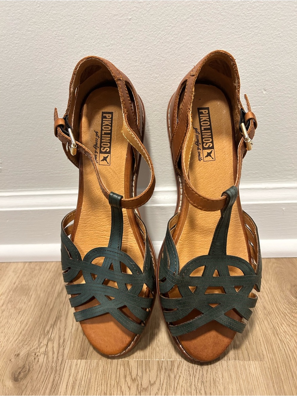 PIKOLINOS Teal Strappy T‑Bar Leather Sandal with Brown Footbed - Picture 4 of 6
